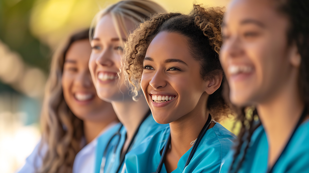 Multi-ethnic group of happy female nurses at the hospital, diversity, teamwork and healthcare